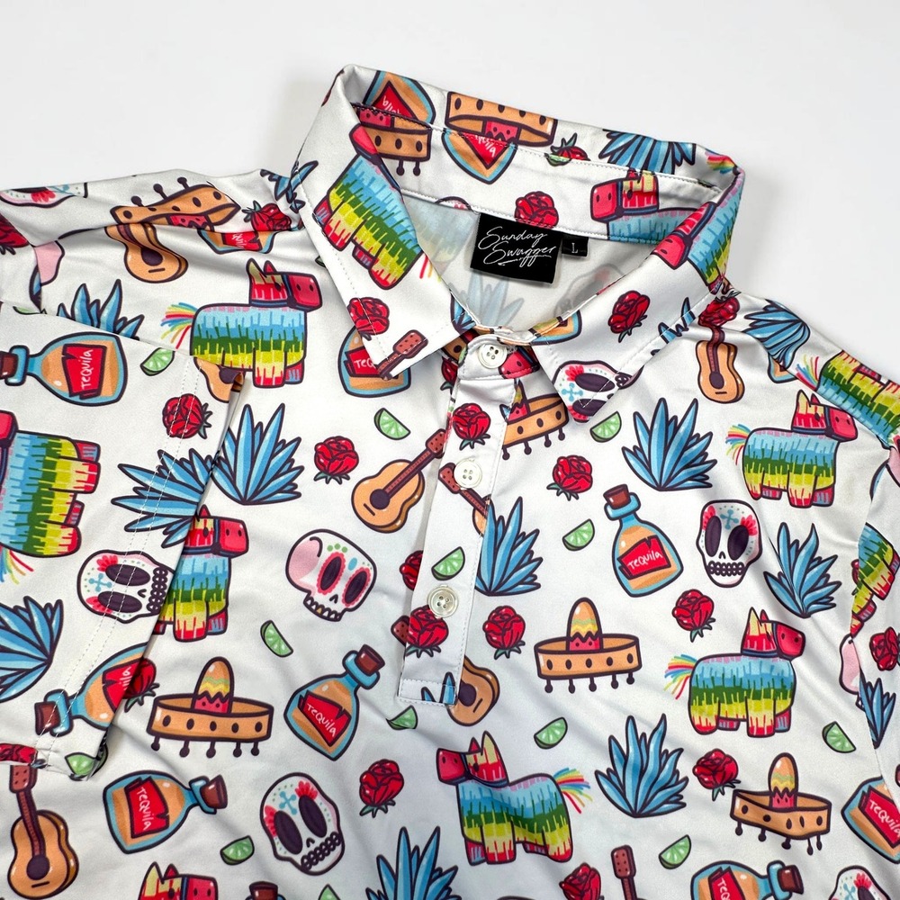 Sunday Swagger Fiesta Polo Shirt Mens L White Pinata Skull Guitar Tequila Golf